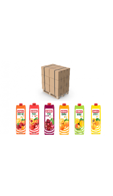 DIMES KARISIK PALET (palet mixe) : Prix Unité 1 € -KARISIK 1LT 12 COLIS  (multifruit) -SEFTALI 1LT 12 COLIS (peche) -VISNE 1LT 12 COLIS (griottes) -PORTAKAL 1LT 12 COLIS (orange) -MANGO 1LT 12 COLIS (mangue) -KAYISI1LT 12 COLIS (abricot)