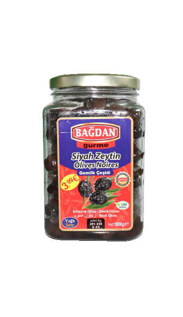 BAGDAN CAM GEMLIK SIYAH ZEYTIN GURME 1000G PROMO 3.99 (olives noires gemlik gurme)