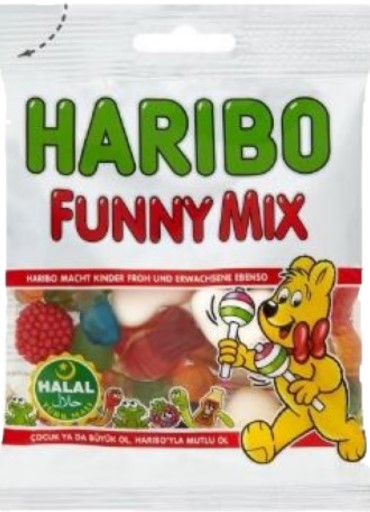 Grossiste Halal, vente de HELAL HARIBO FUNNY MIX 75 GR JELANTINSIZ (bonbons  sans gélatine)