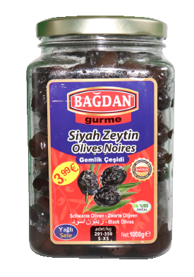 BAGDAN CAM GEMLIK SIYAH ZEYTIN GURME 1000G PROMO 3.99 (olives noires gemlik gurme)